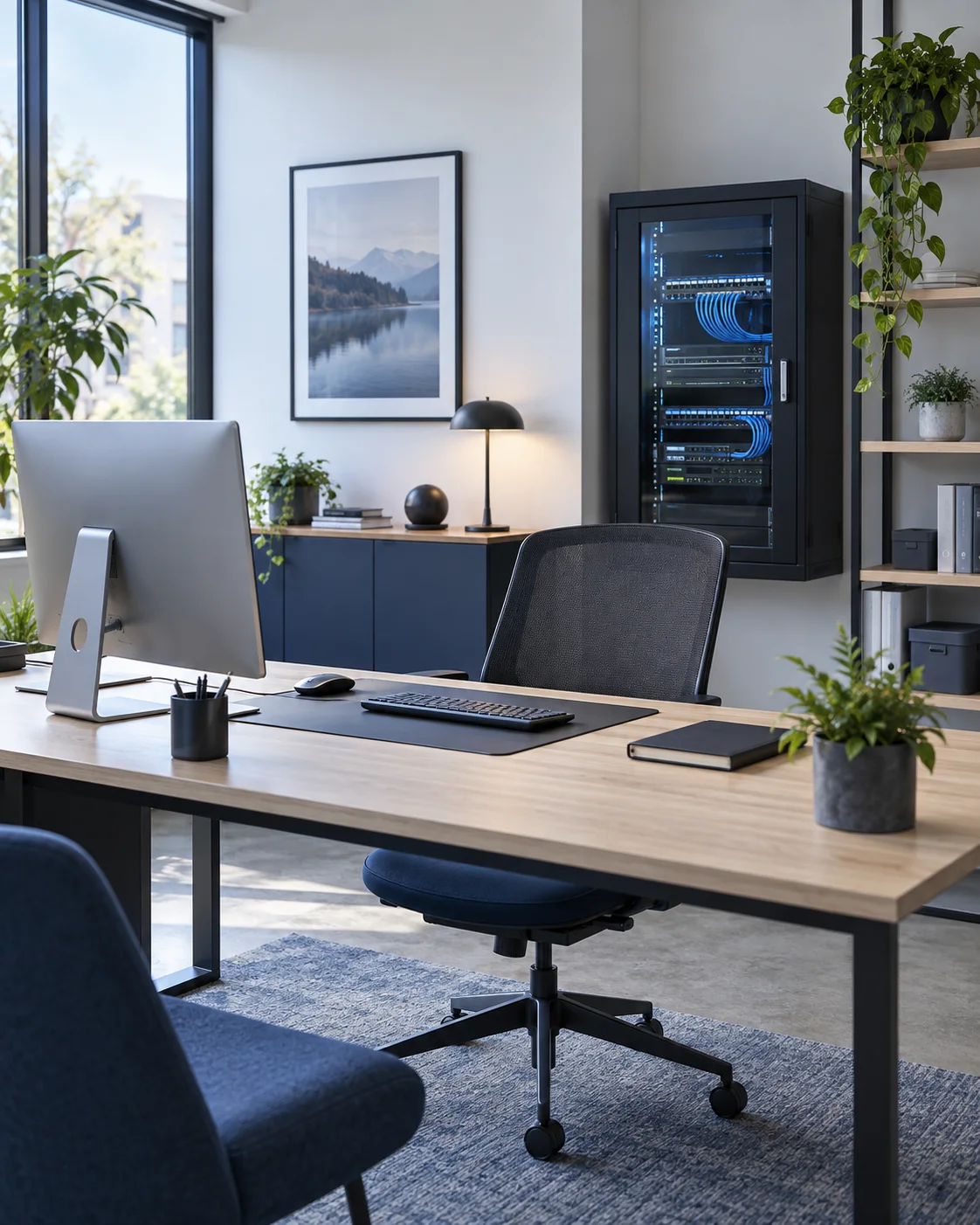 Illustration of a modern business workspace with integrated IT